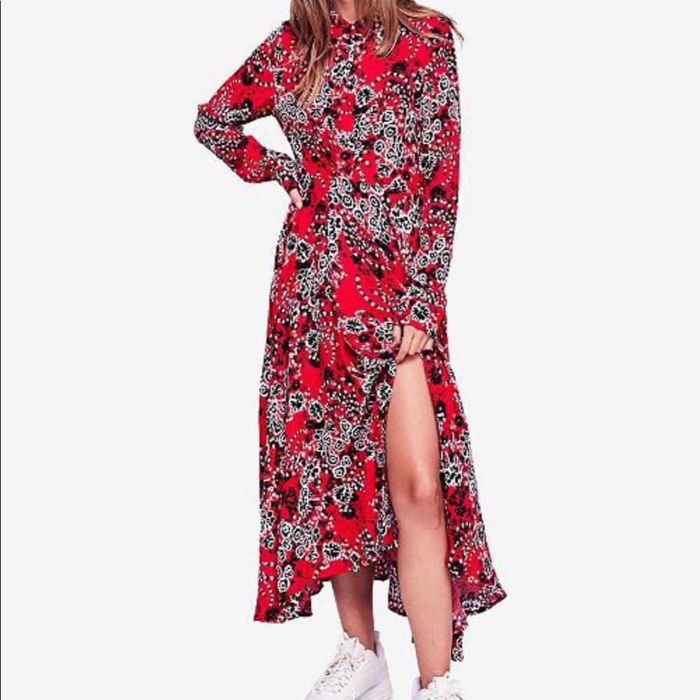 Free People Tough Love Printed Maxi Shirtdress